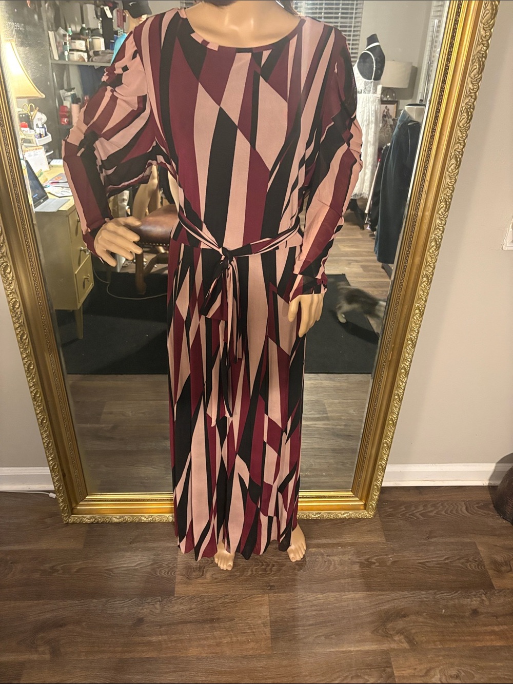 Anne Klein Burgundy, Pink & Black Geometric Maxi Dress with Tie Waist